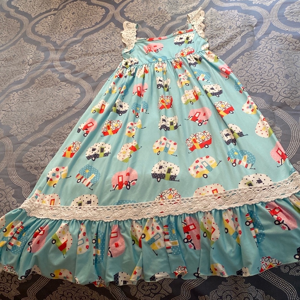 Good Condition Blue Background Camper Dress with lace details